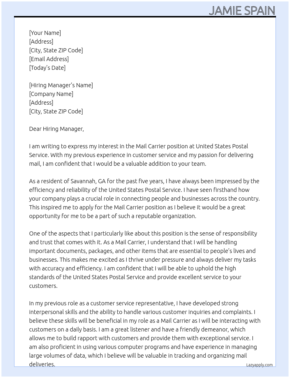 Mail Carrier  At United States Postal service Cover Letter