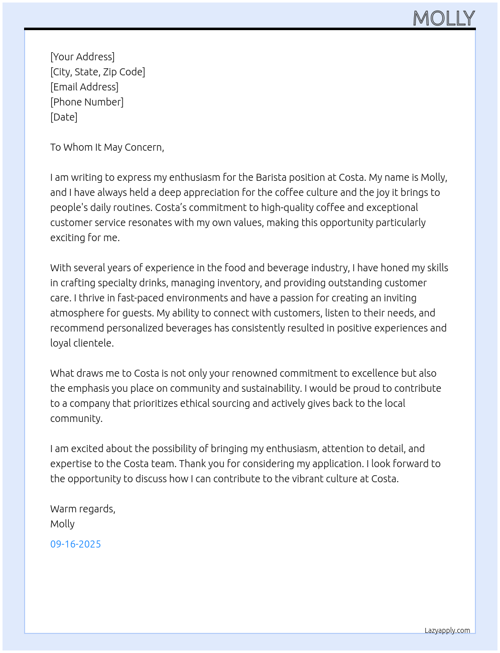 barista At costa Cover Letter