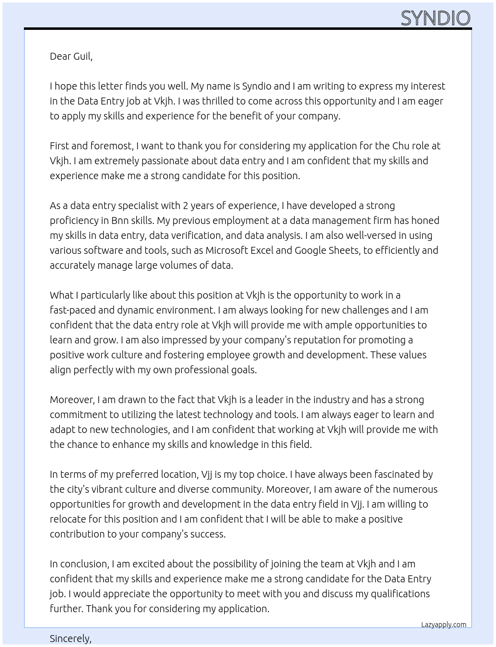 Data entry job At Vkjh Cover Letter