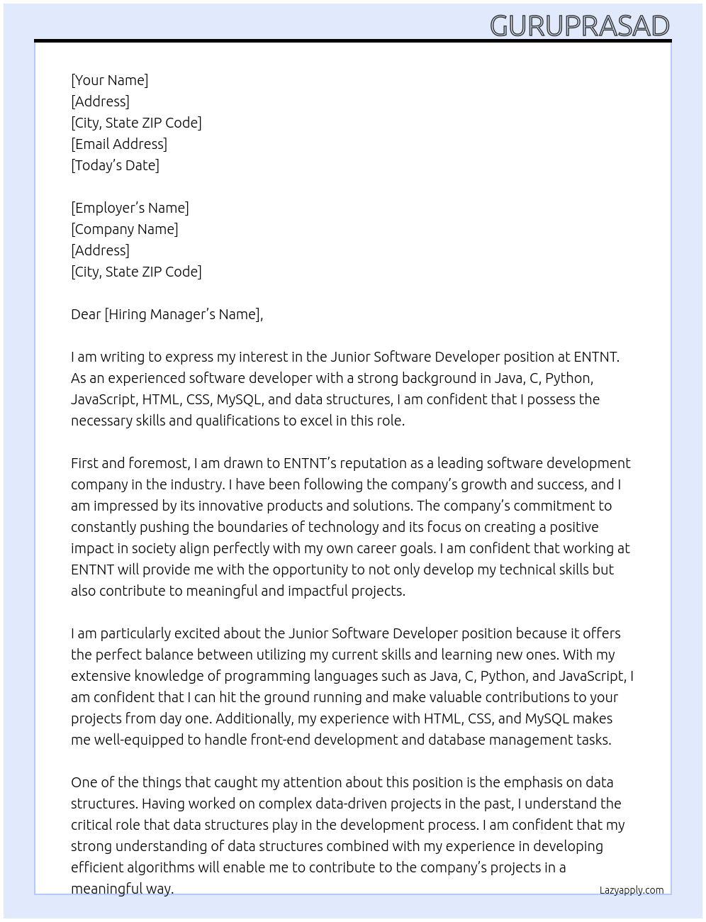 Junior software developer At ENTNT Cover Letter