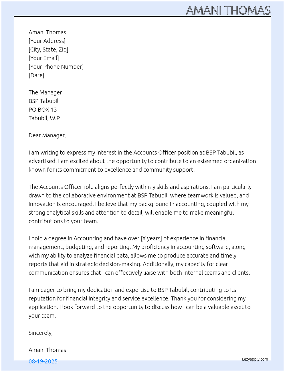 Cover letter for accounts officer - LazyApply