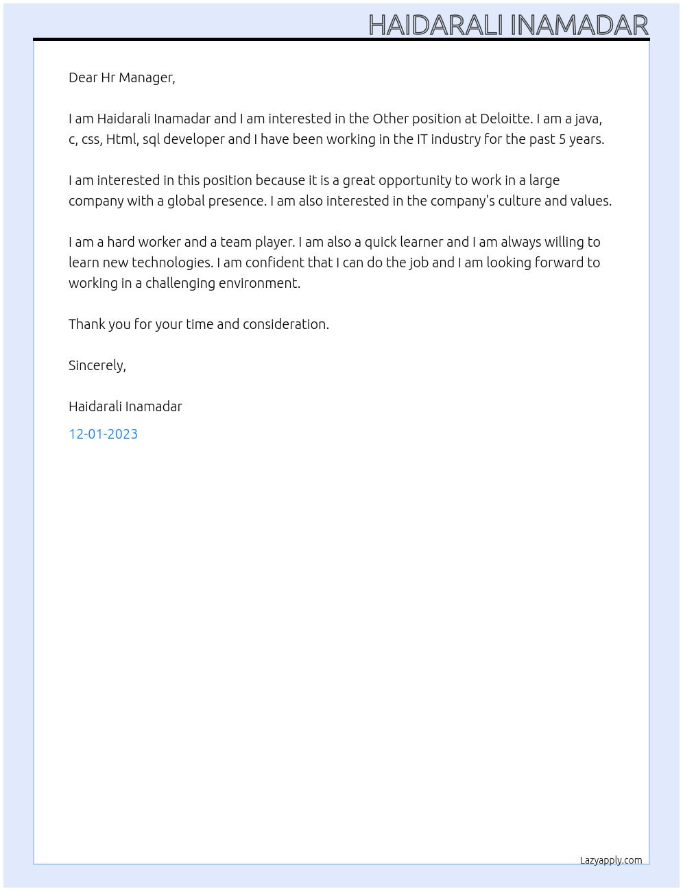 Other At Deloitte Cover Letter