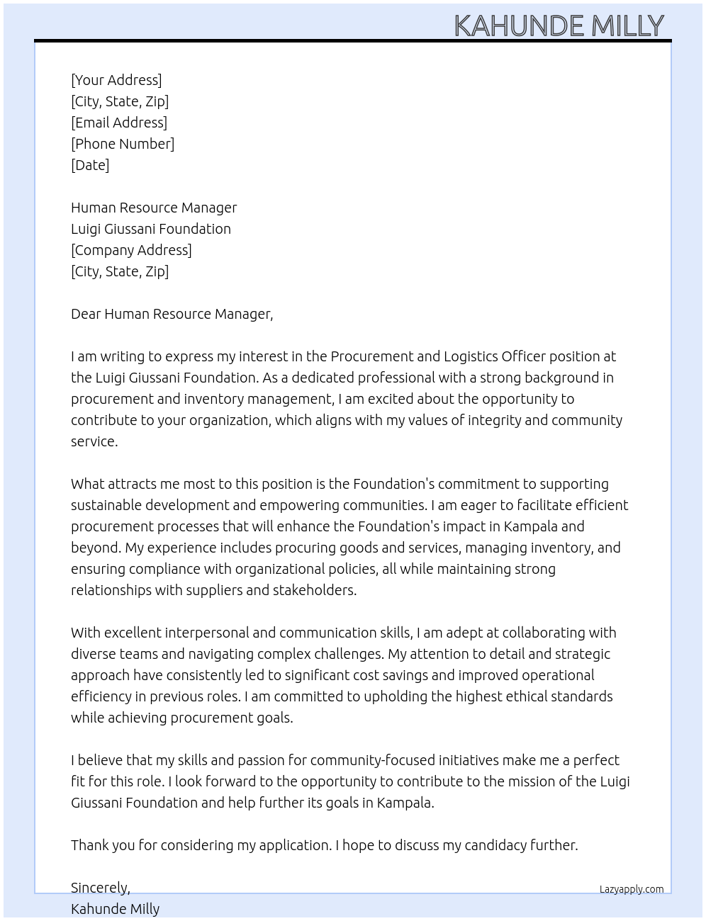 Cover letter for procurement and logistics officer - LazyApply