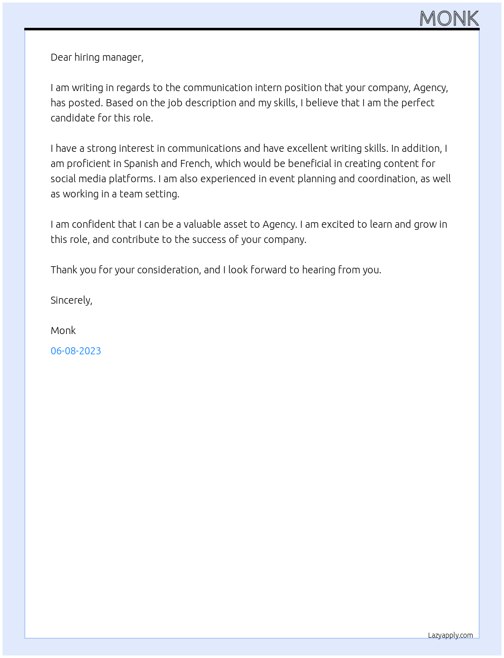 communication intern At agency Cover Letter