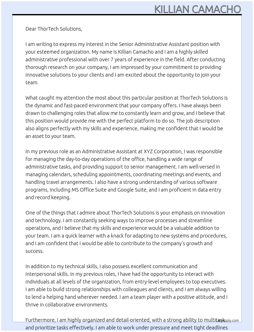 Senior Administrative Assistant At ThorTech Solutions Cover Letter