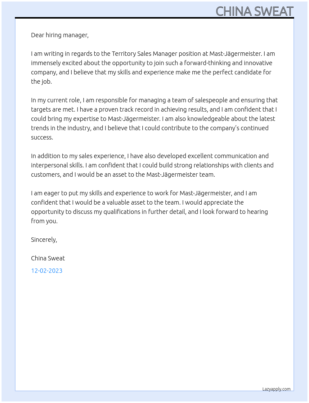 Territory Sales Manager At Mast-Jägermeister Cover Letter
