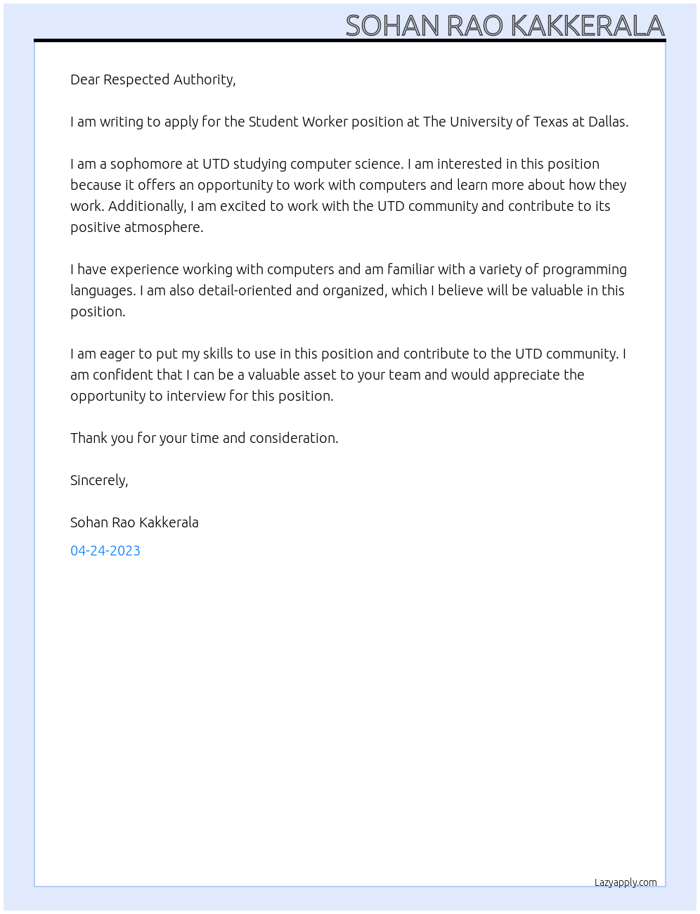 Student Worker At The University of Texas at Dallas Cover Letter