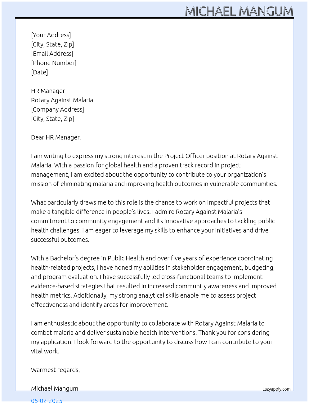 Project Officer At Rotary Against Malaria Cover Letter