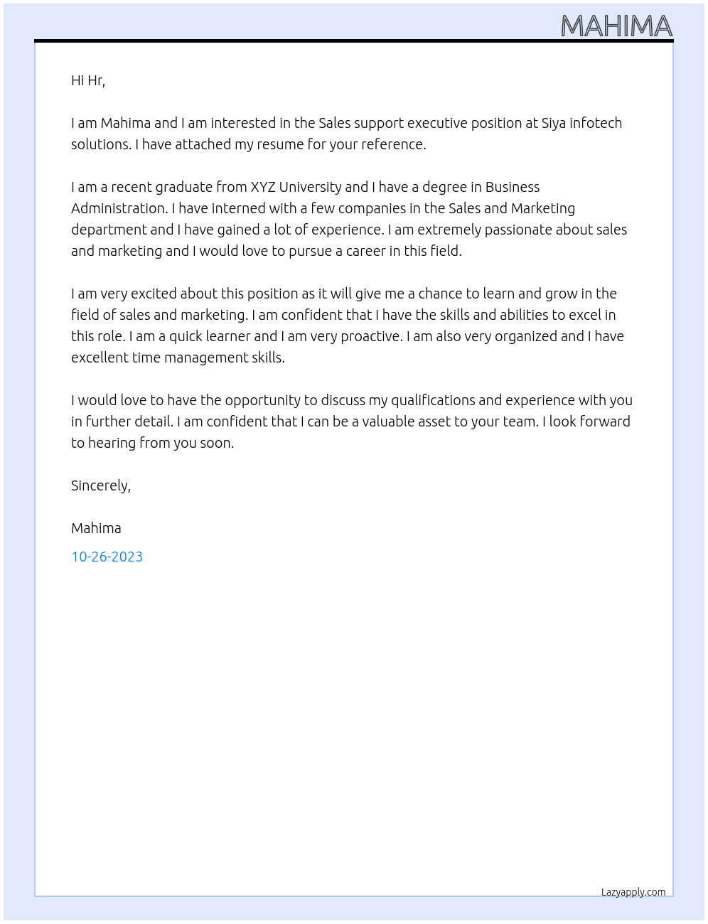 Sales support executive At Siya infotech solutions Cover Letter