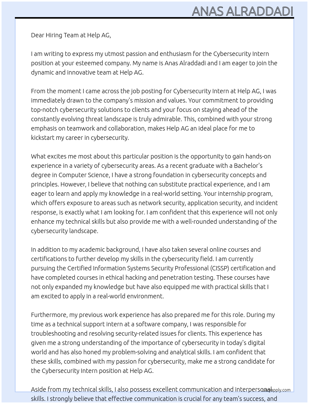 Cybersecurity Intern At Help AG Cover Letter