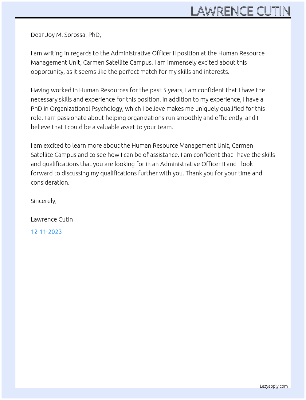 Administrative Officer II At Human Resource Management Unit, Carmen Satellite Campus Cover Letter