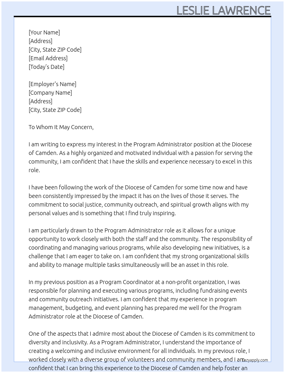 Program Administrator At Diocese of Camden Cover Letter