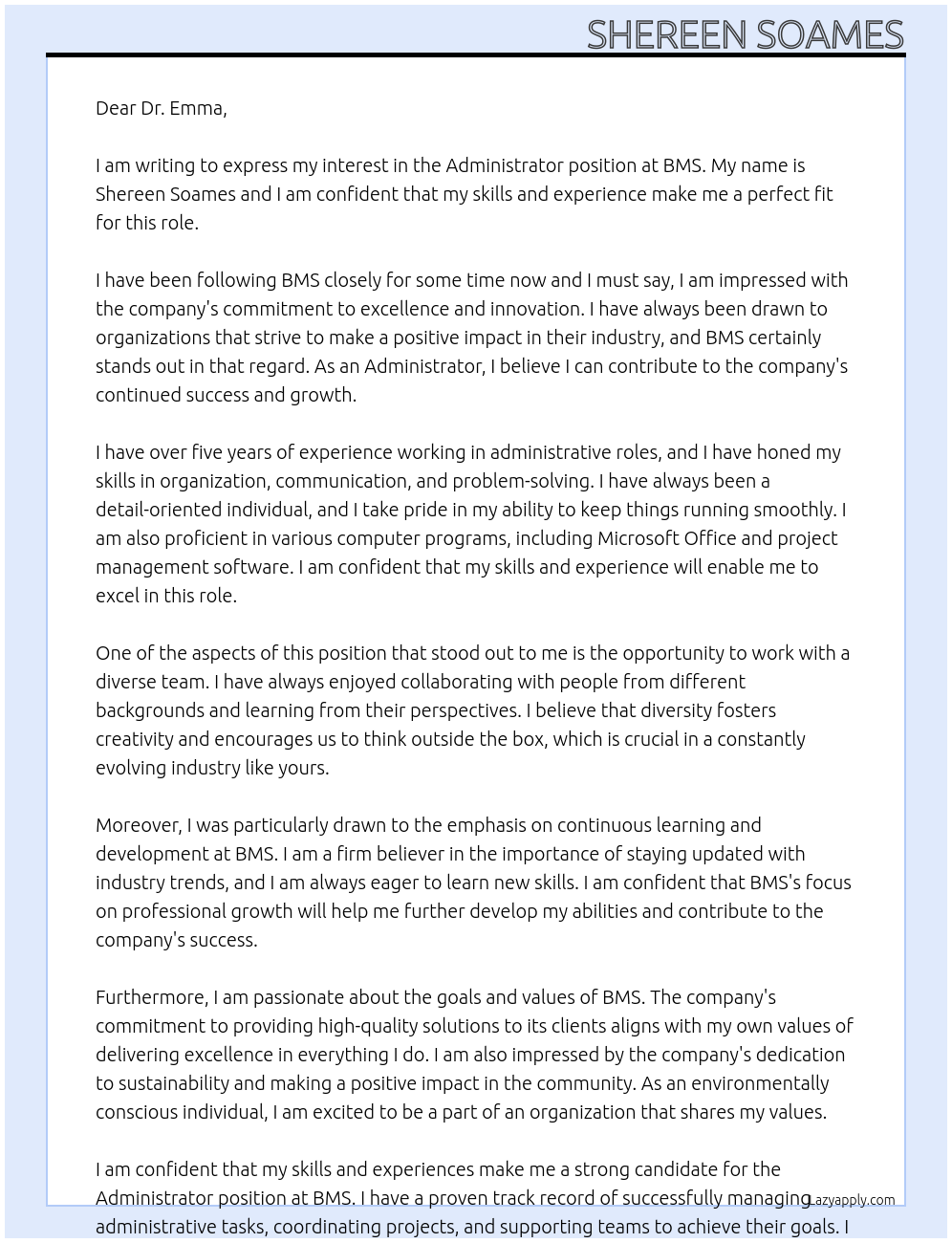 Administator At BMS Cover Letter