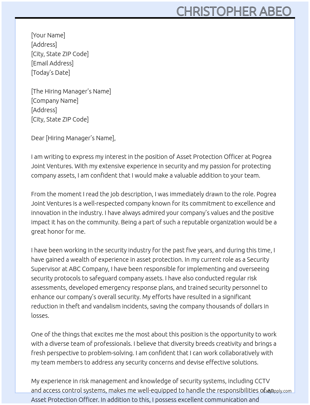 Asset Protection Officer  At Pogrea Joint Ventures  Cover Letter