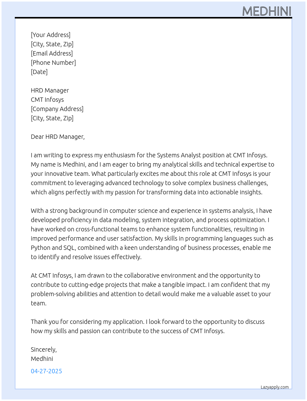 Cover letter for systems analyst - LazyApply