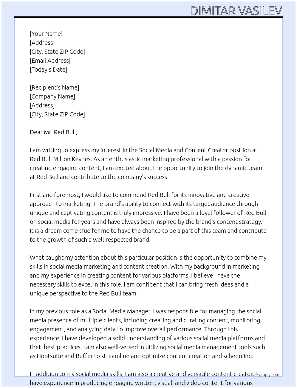 Social media and Content creator At Red Bull Milton Keynes Cover Letter