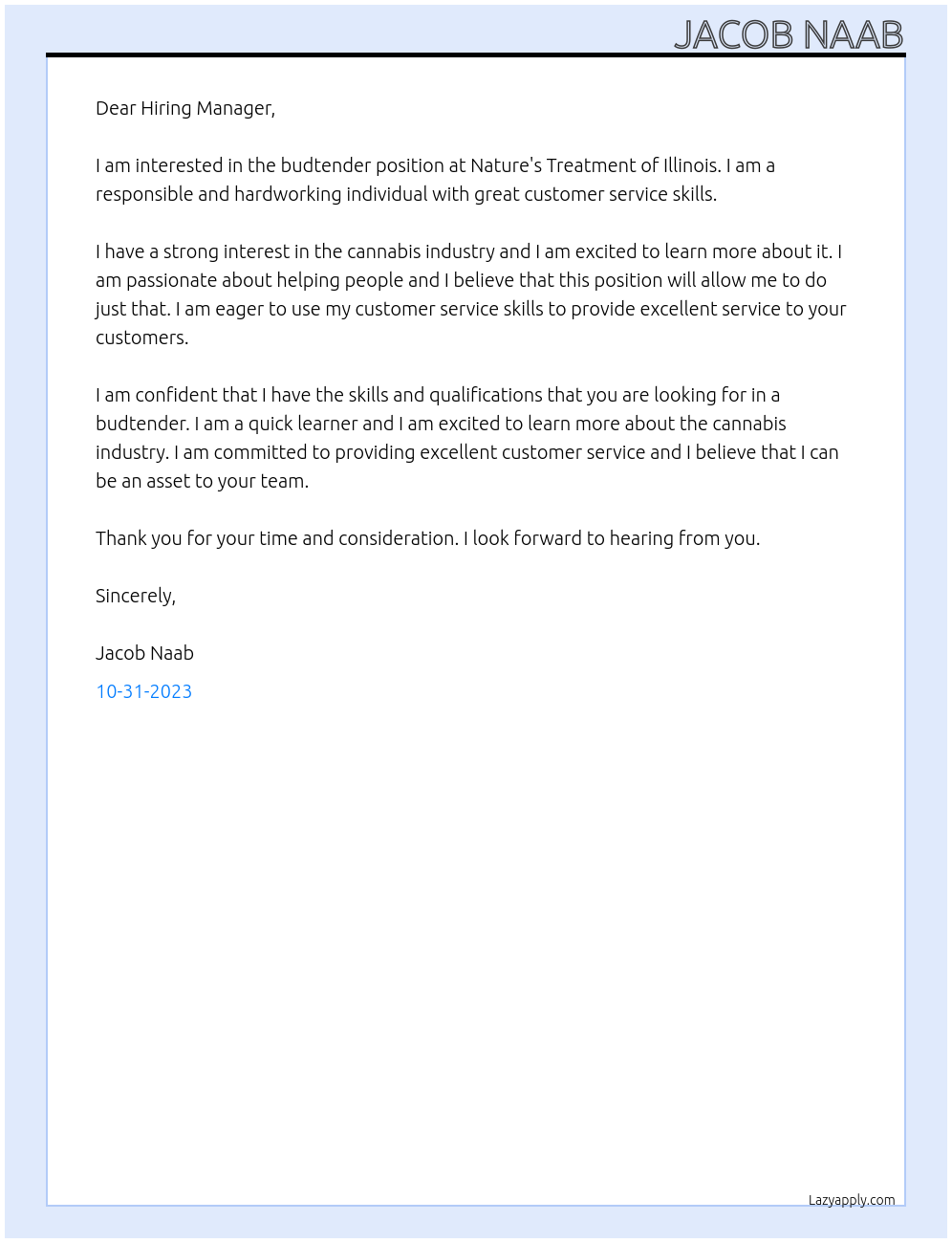 Budtender At Nature's Treatment of Illinois Cover Letter