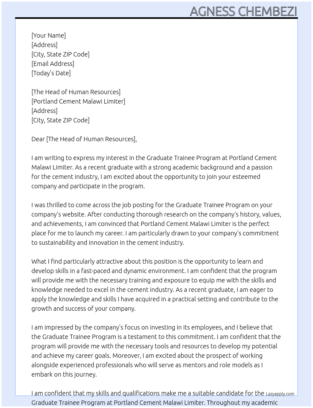 Graduate trainee program At Portland Cement Malawi Limiter Cover Letter