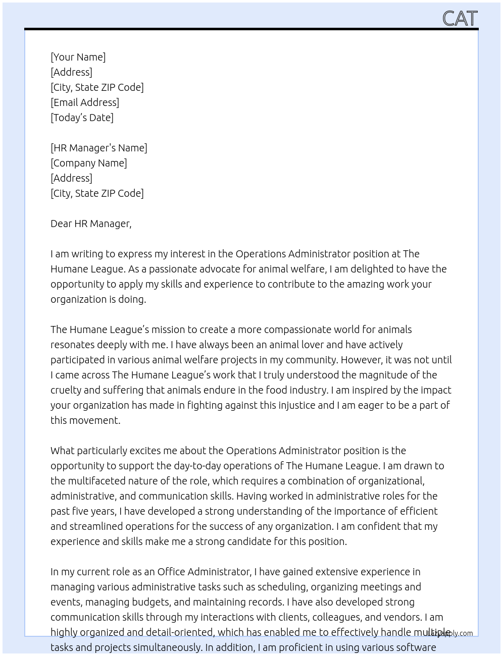 Operations Administrator At The Humane League Cover Letter
