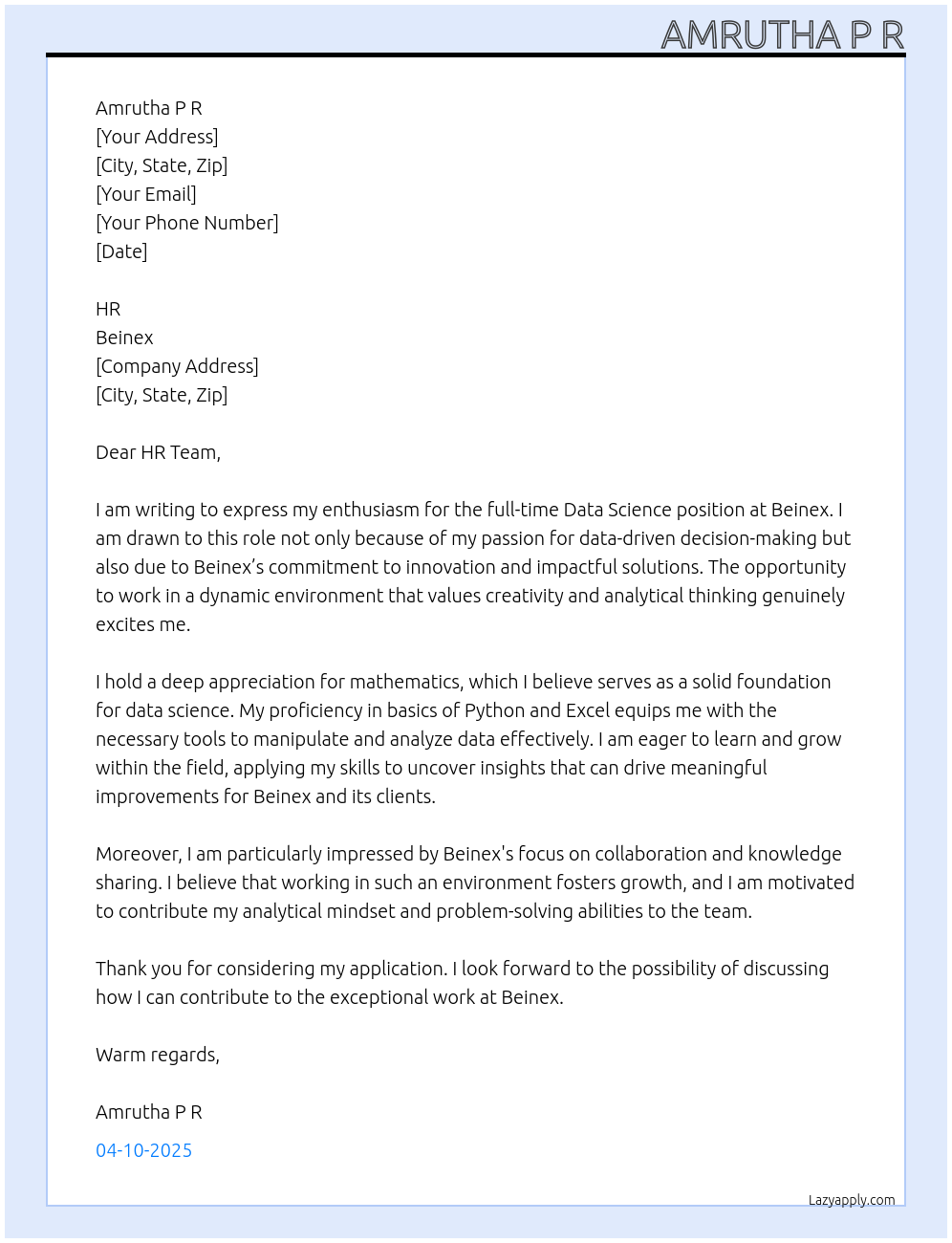 Cover letter for data science - LazyApply