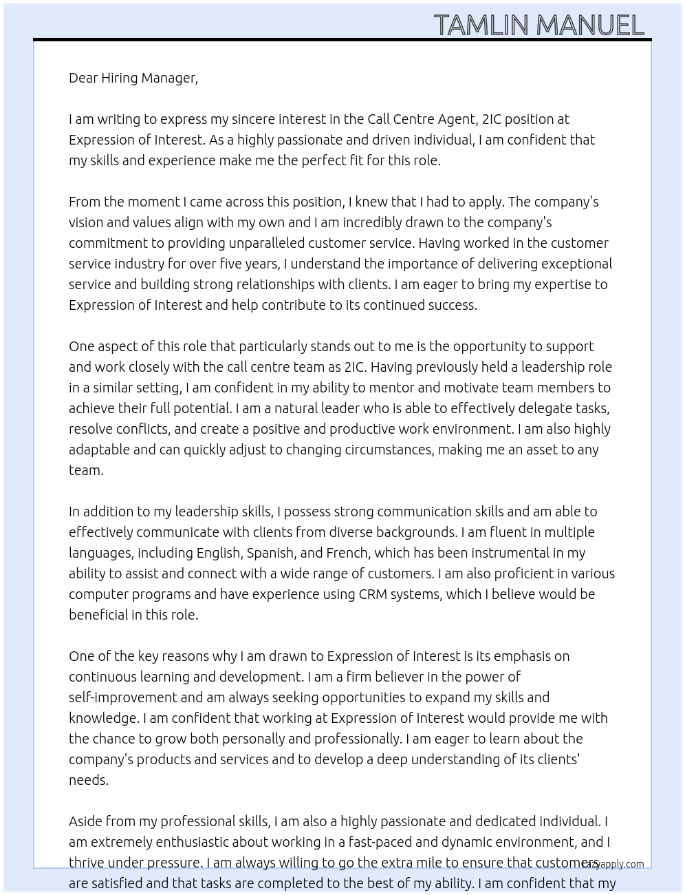 Call Centre Agent, 2IC  At Expression of interest  Cover Letter