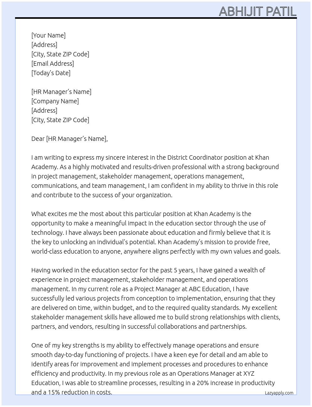 District Coordinator At Khan Academy Cover Letter