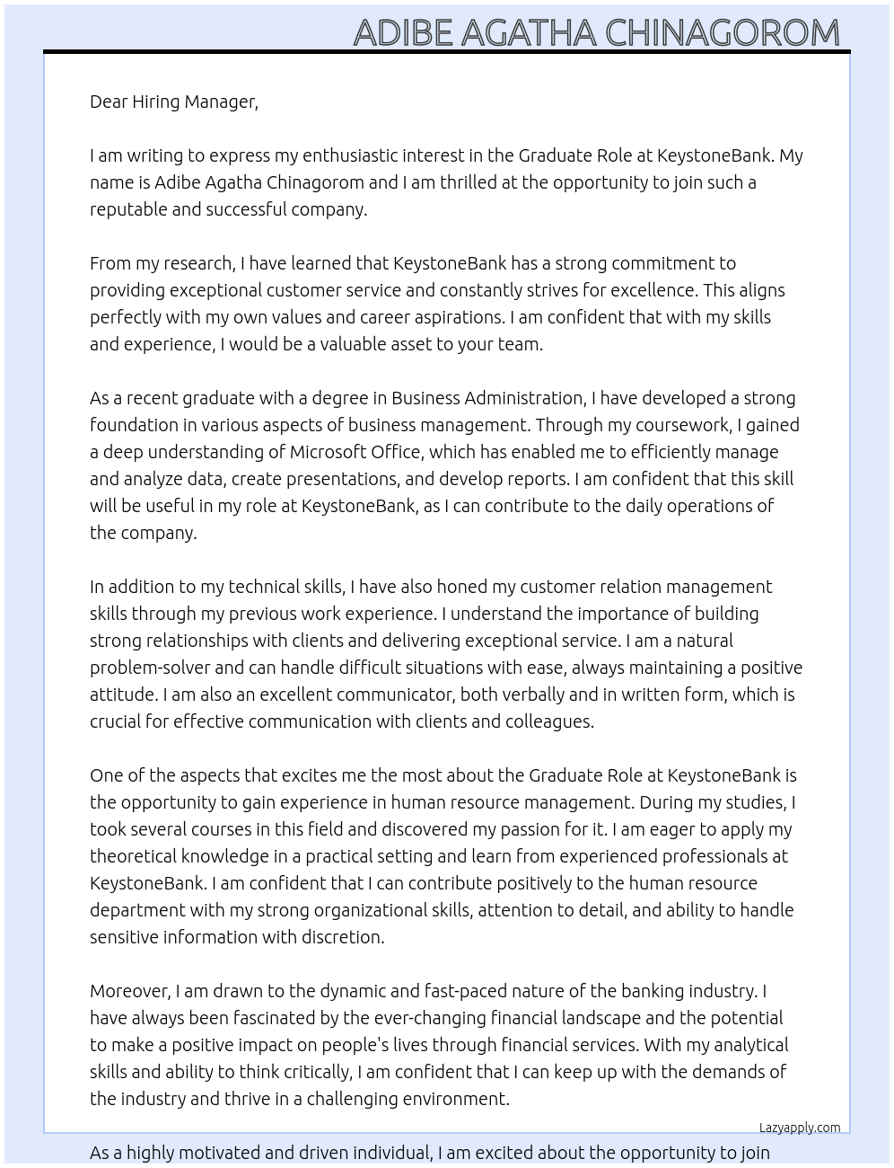 Graduate Role At KeystoneBank Cover Letter