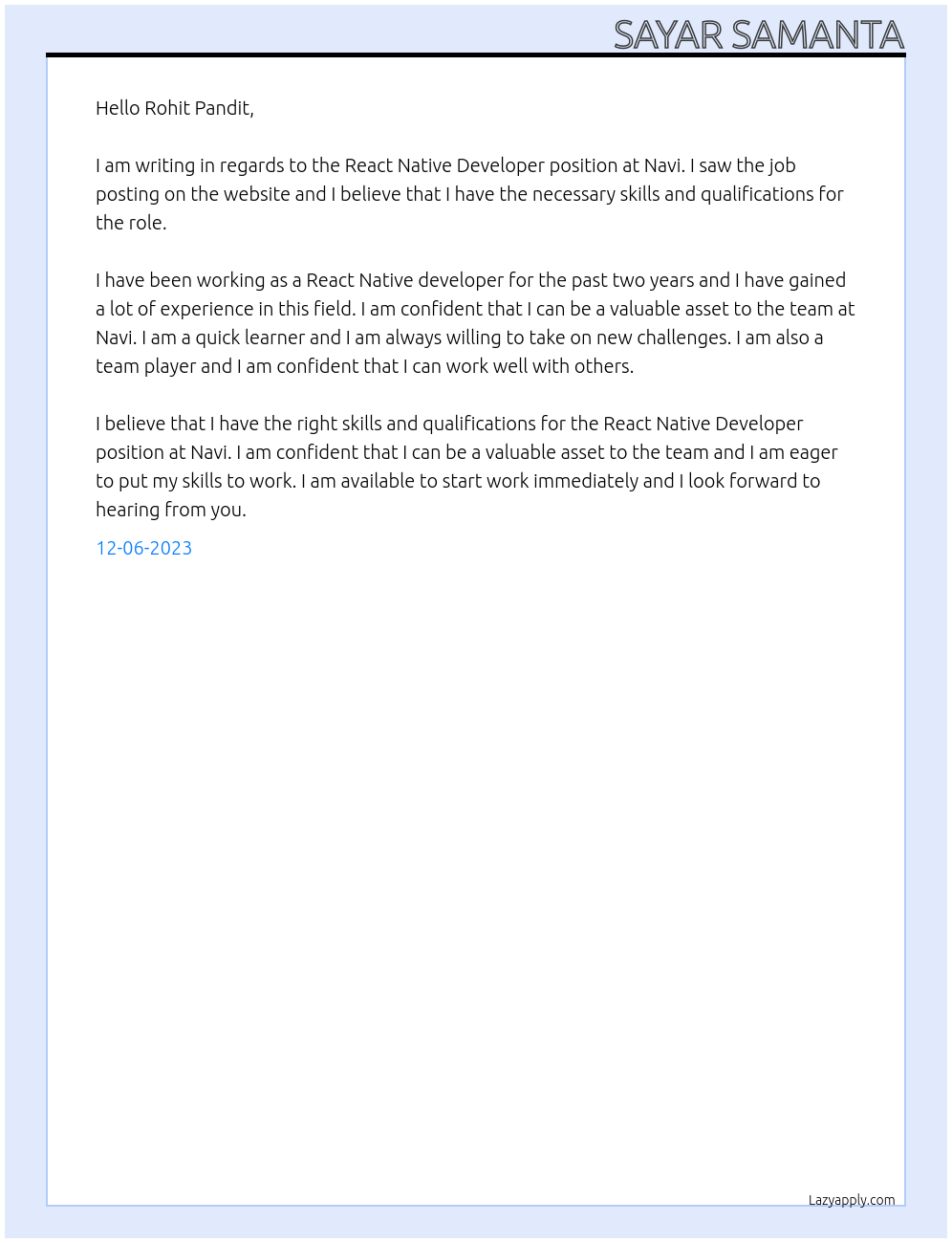 React Native Developer At Navi Cover Letter
