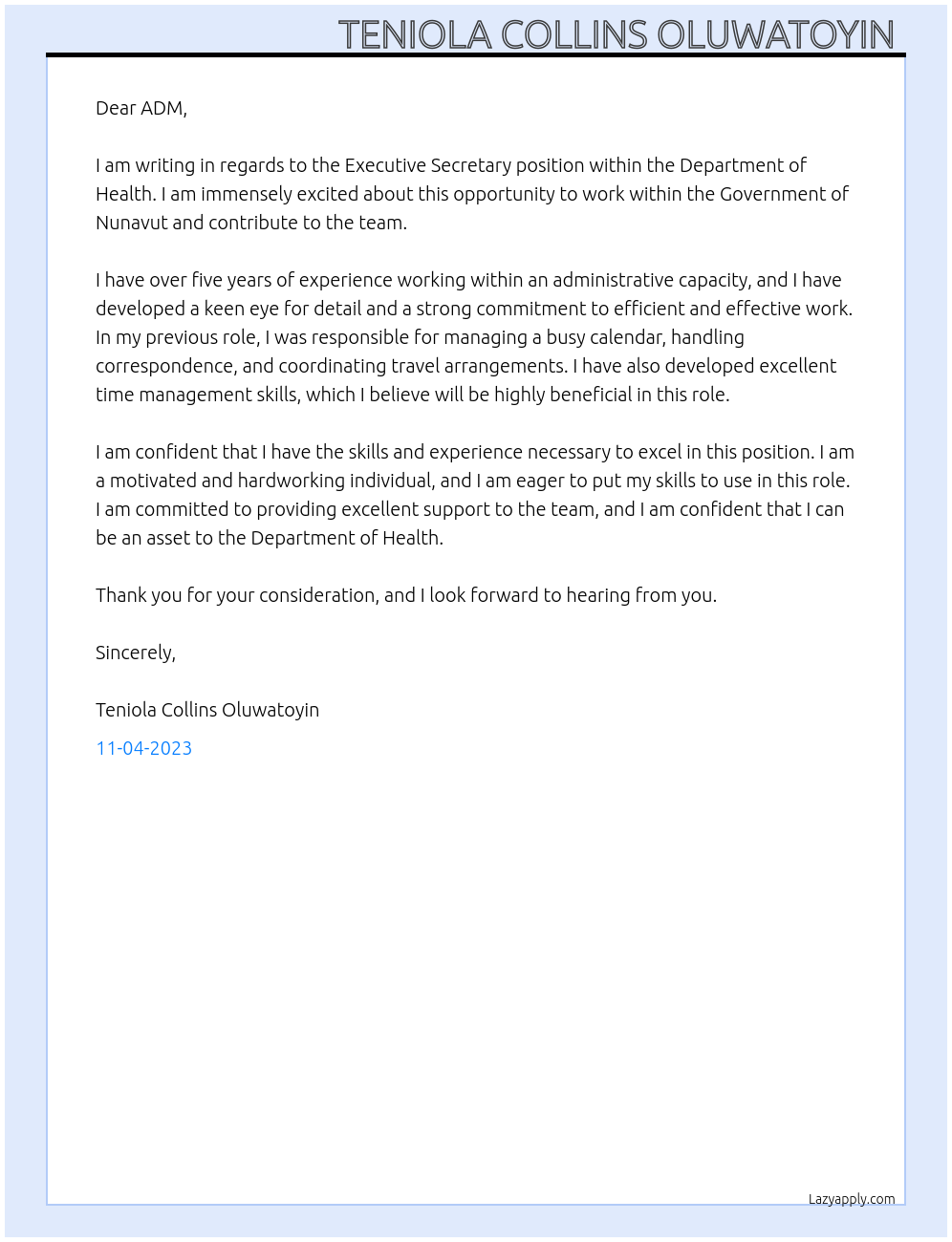 Executive Secretary At Government of Nunavut Cover Letter