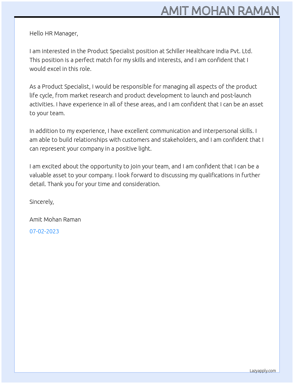 Product Specialist At Schiller Healthcare India Pvt. Ltd. Cover Letter