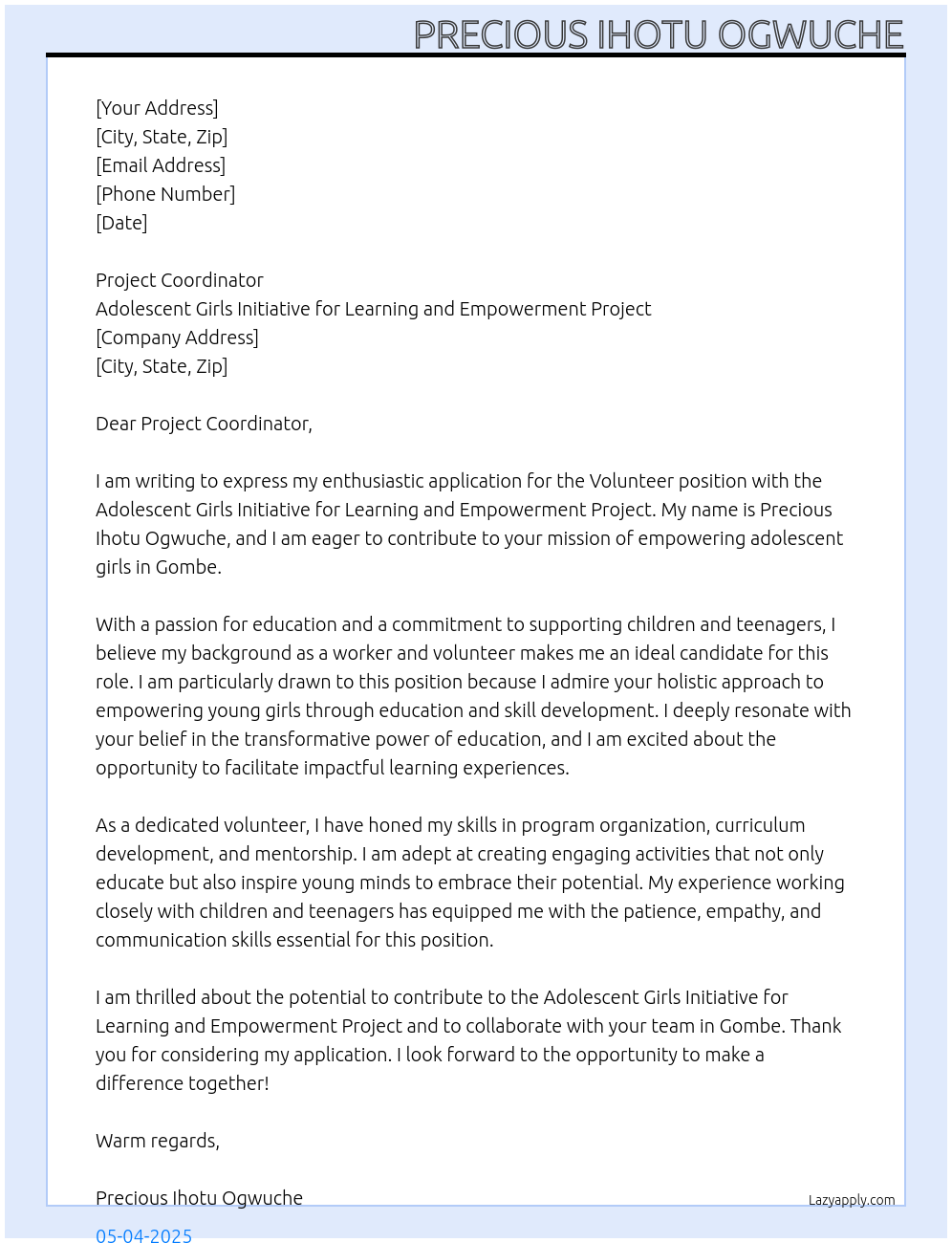 Volunteer At Adolescent Girls Initiative for Learning and Empowerment project Cover Letter