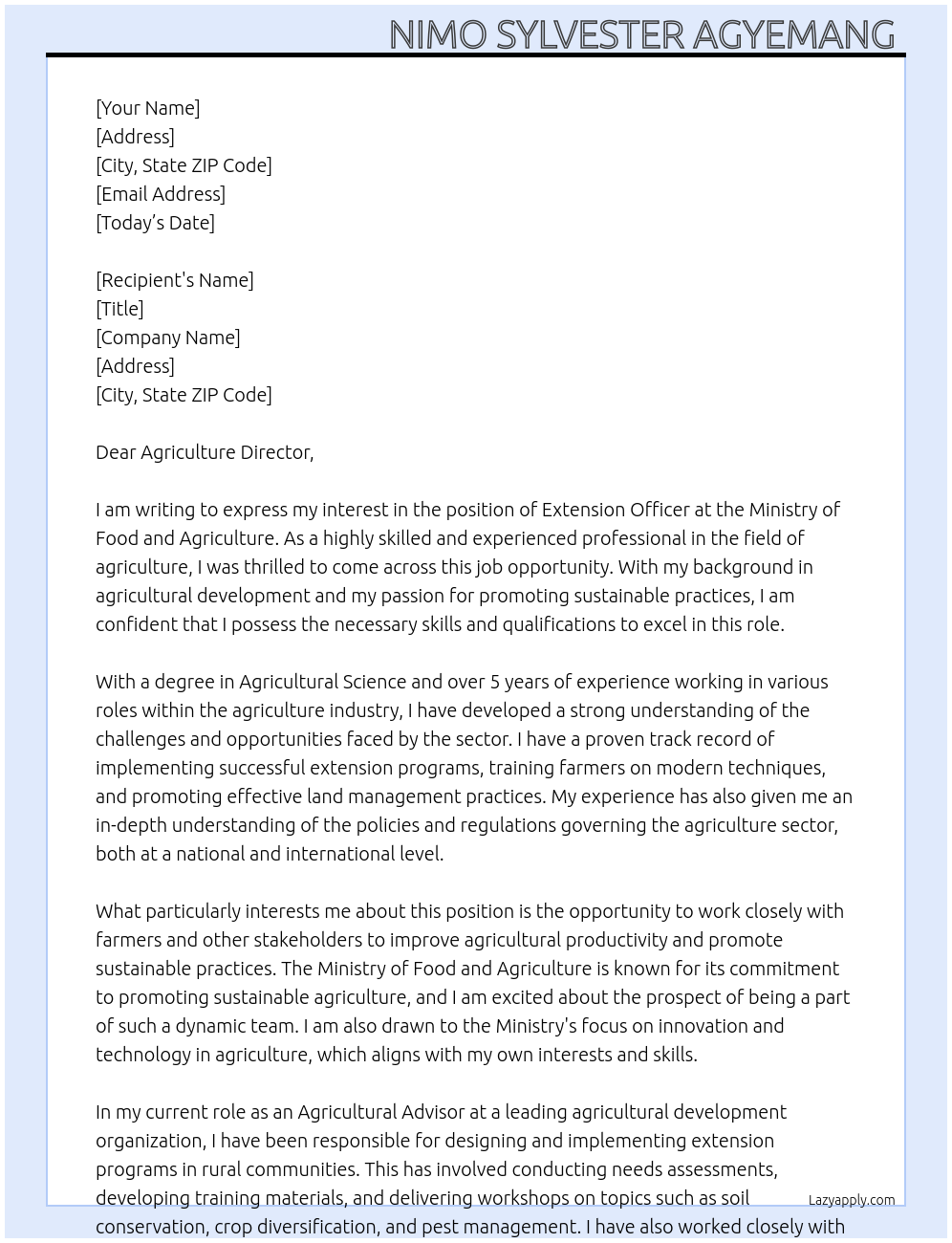 Extension officer  At Ministry of food and agriculture  Cover Letter