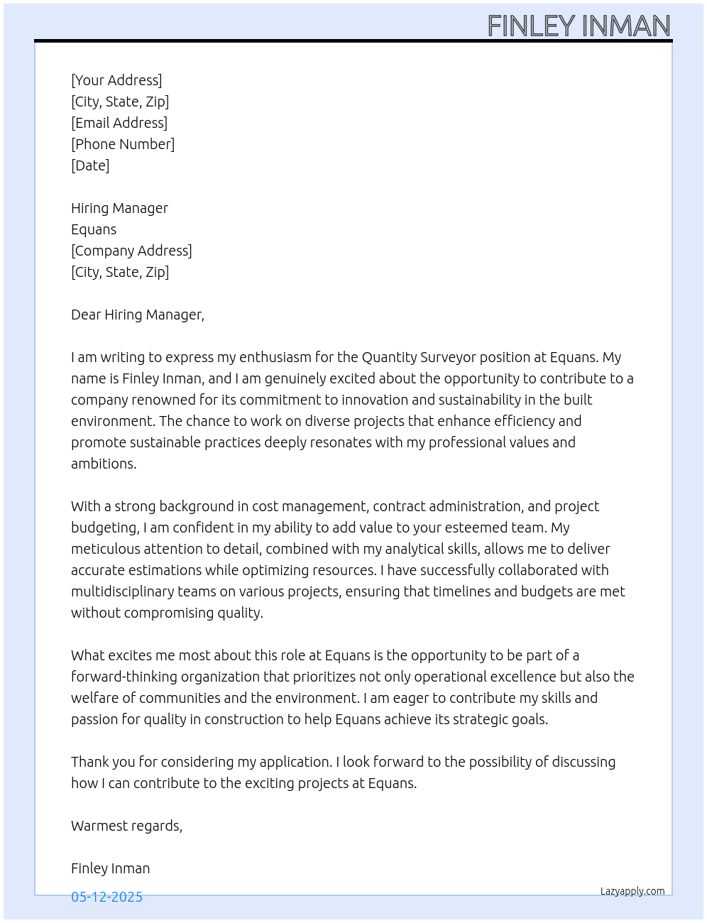 quantity surveyor At Equans Cover Letter