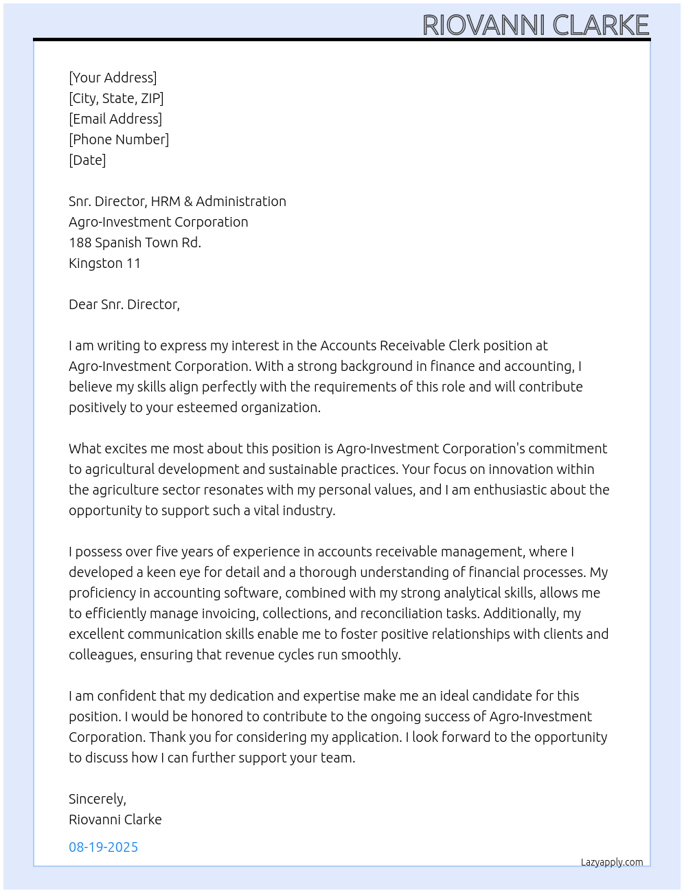 Cover letter for accounts receivable clerk - LazyApply