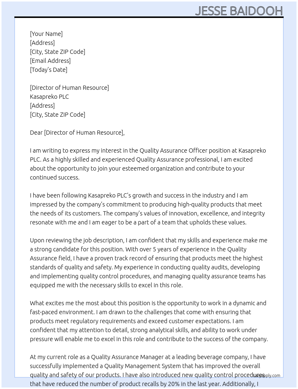 Quality Assurance Officer At Kasapreko PLC Cover Letter