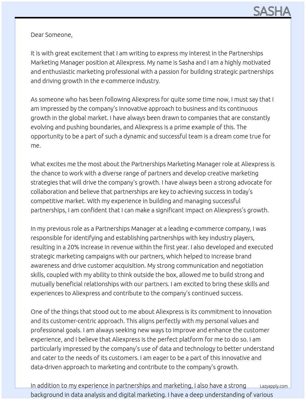 Partnerships marketing manager At Aliexpress Cover Letter