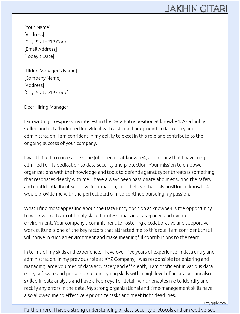 Data Entry At knowbe4 Cover Letter