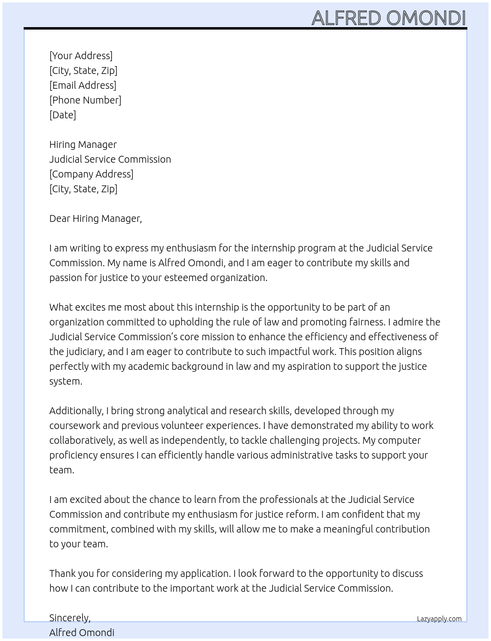 Internship program At Judicial service commission Cover Letter