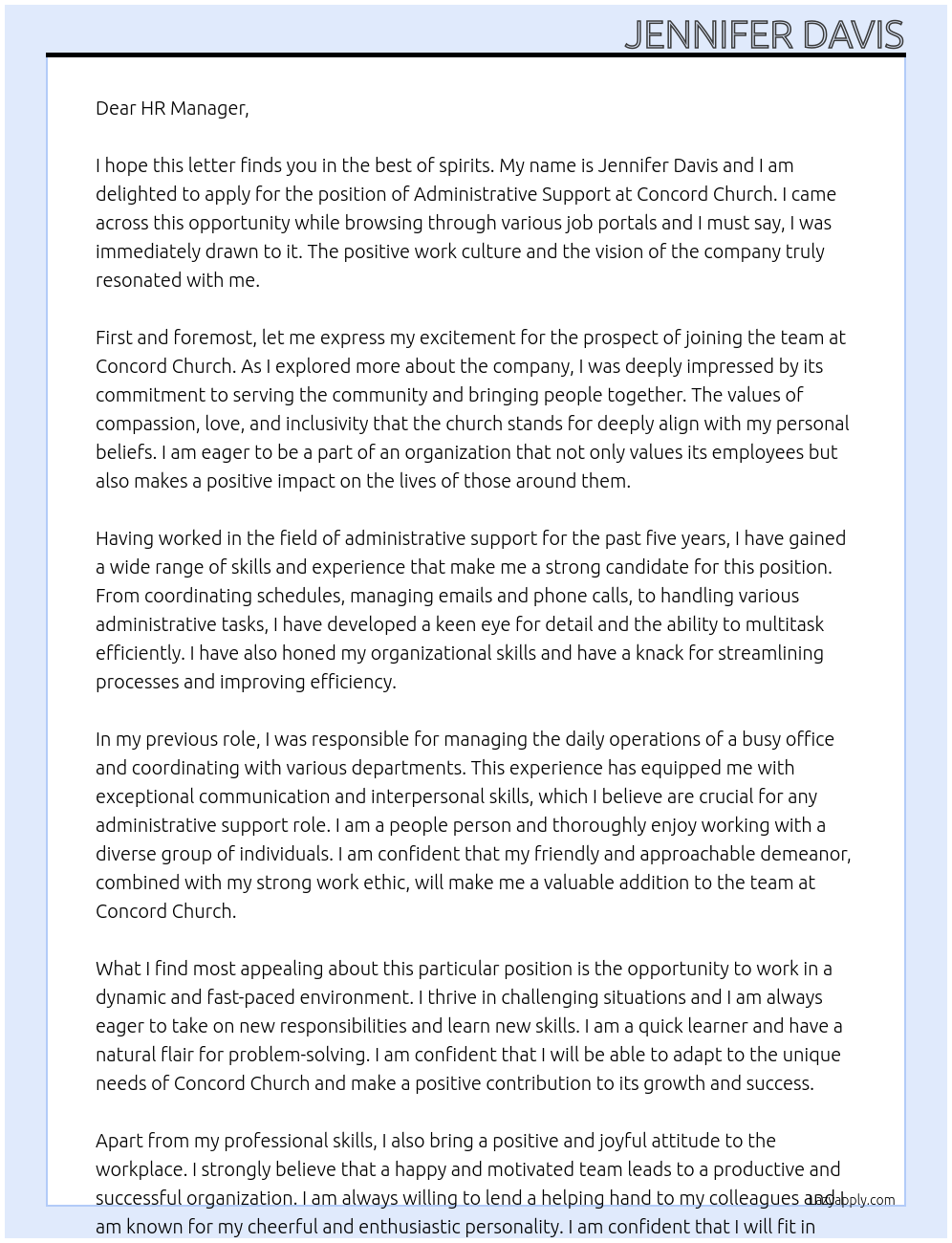 Administrative Support At Concord Church Cover Letter