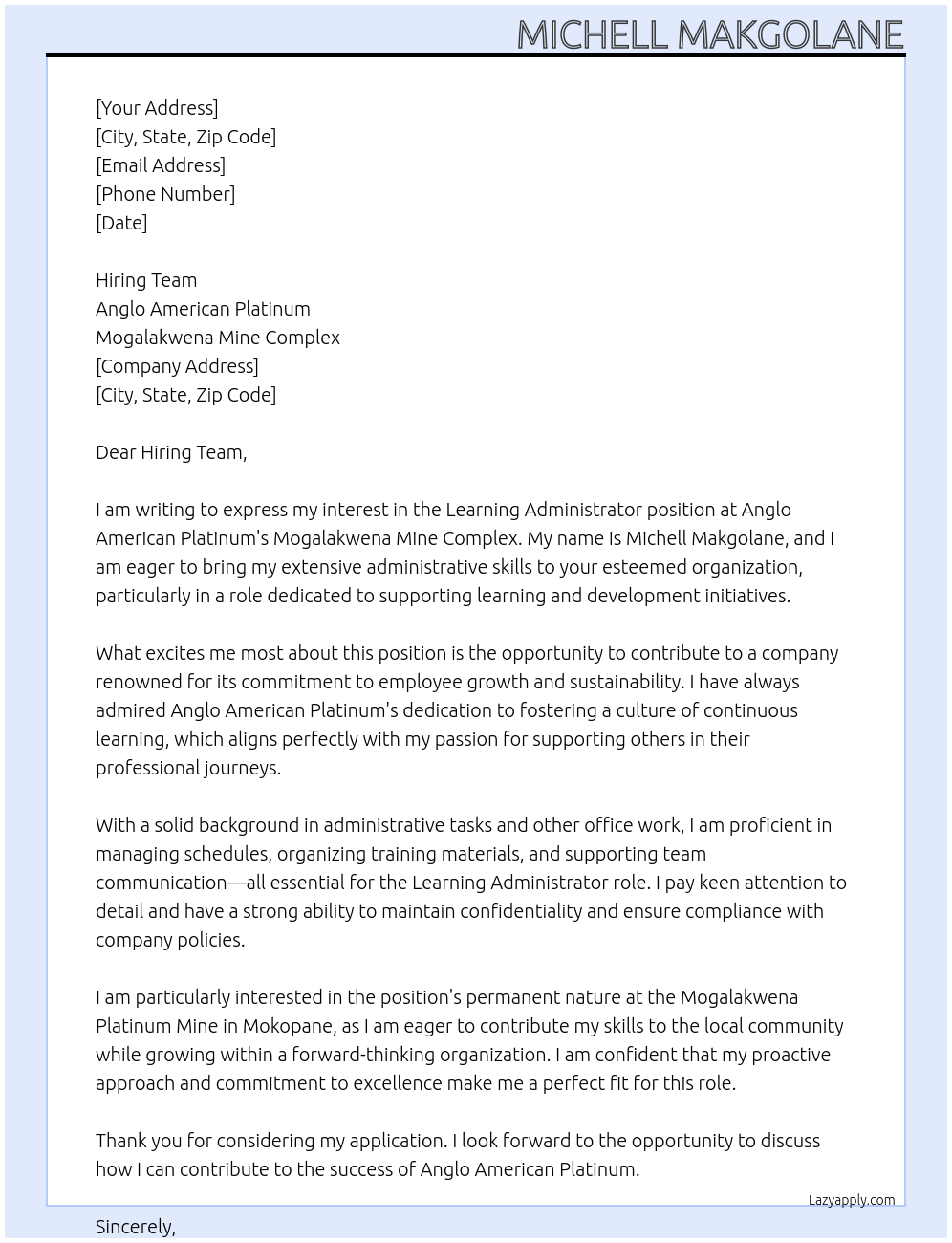 Learning Administrator At Anglo American Platinum- Mogalakwena  Mine Complex Cover Letter