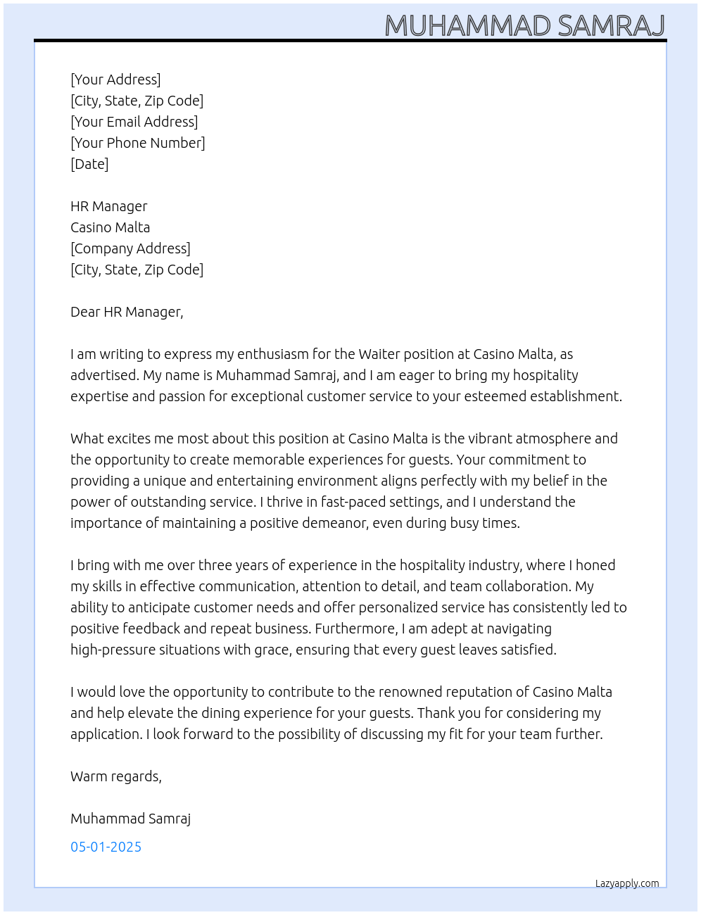 Waiter At Casino Malta Cover Letter