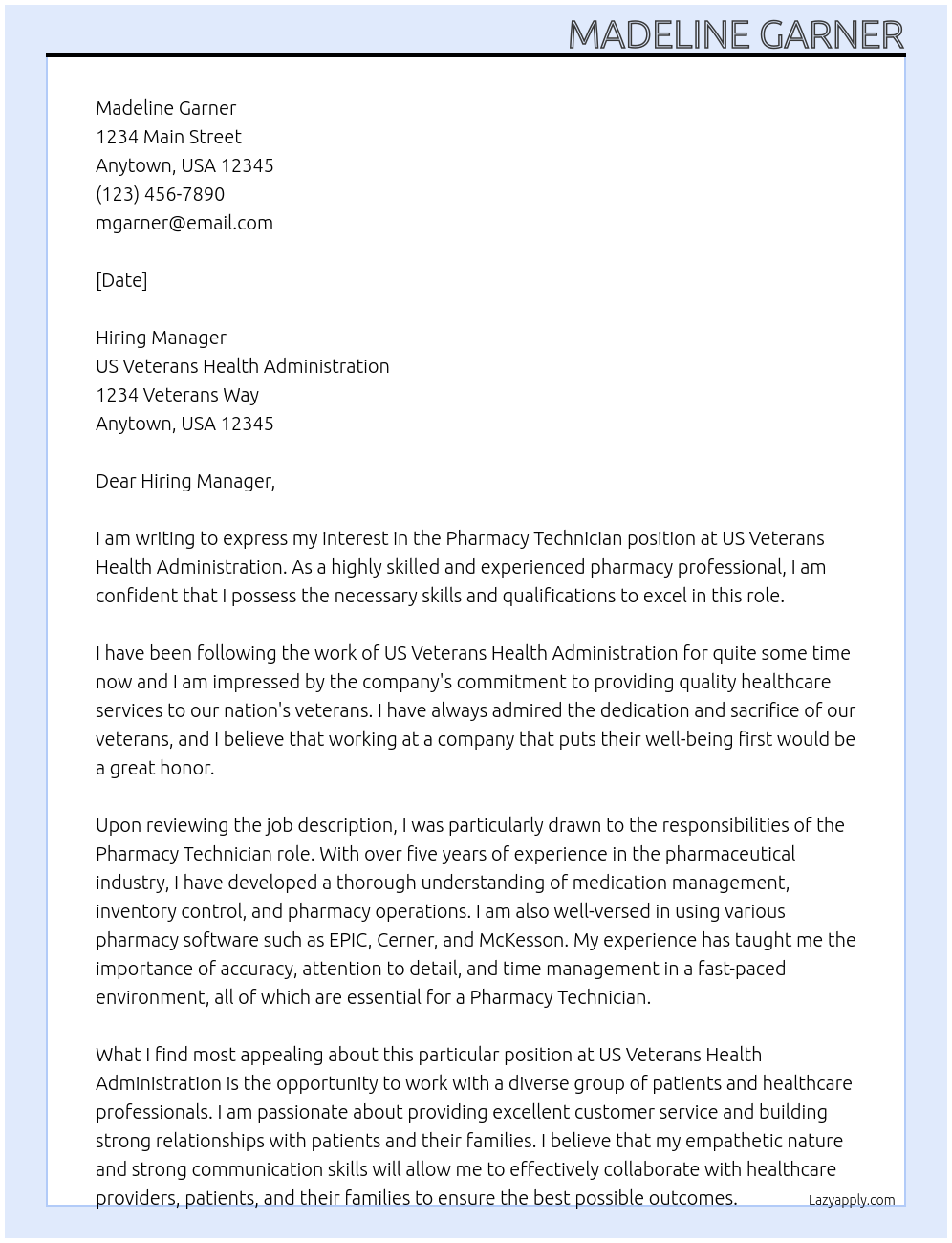 Pharmacy Technician At US Veterans Health Administration Cover Letter