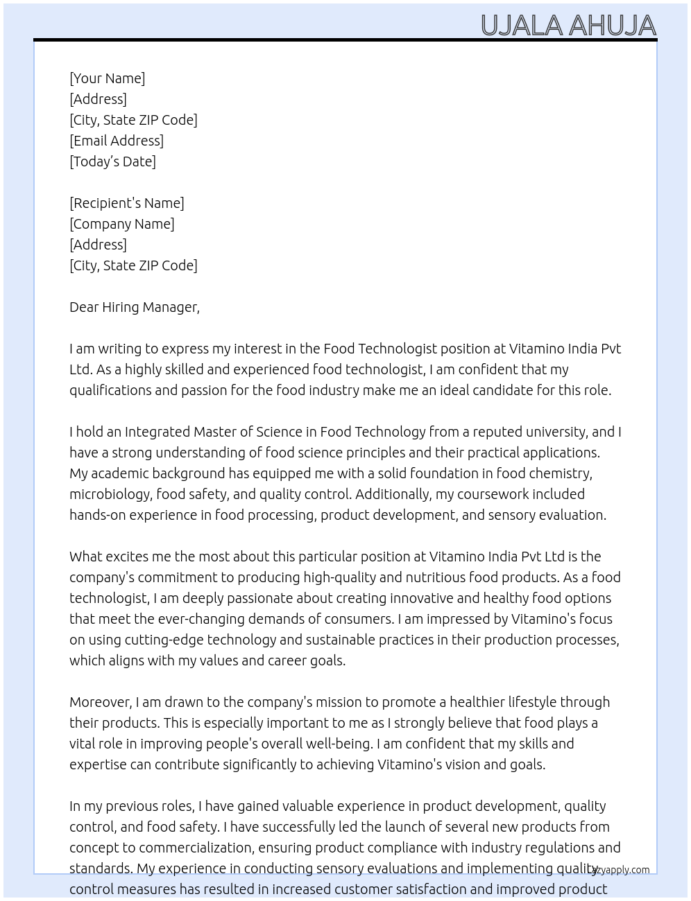 Food Technologist At Vitamino India Pvt Ltd Cover Letter