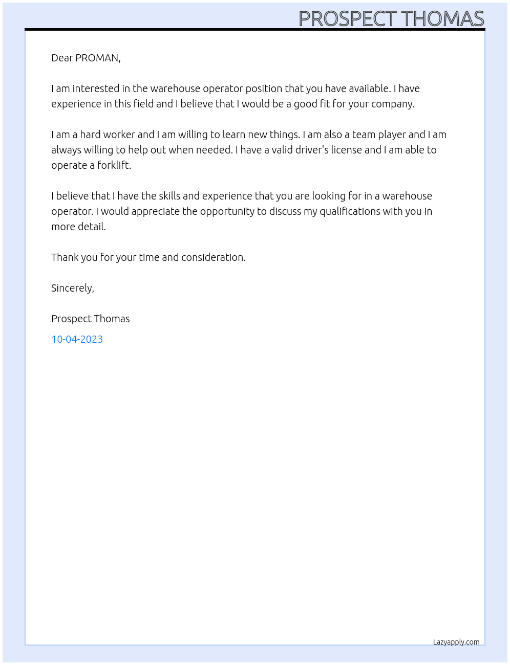 Warehouse operator At PROMAN Cover Letter