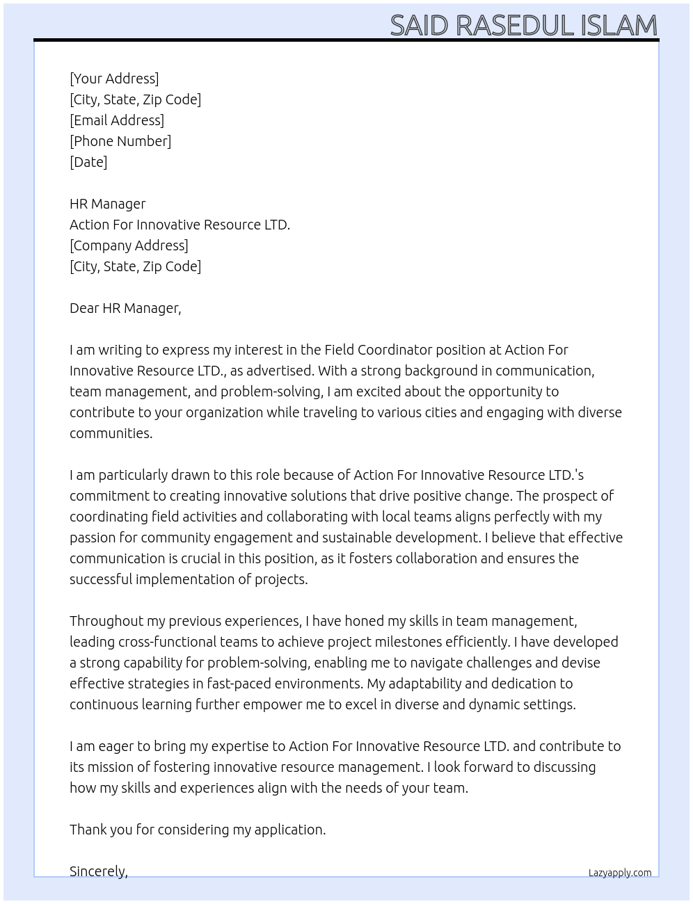 Cover letter for field coordinator - LazyApply