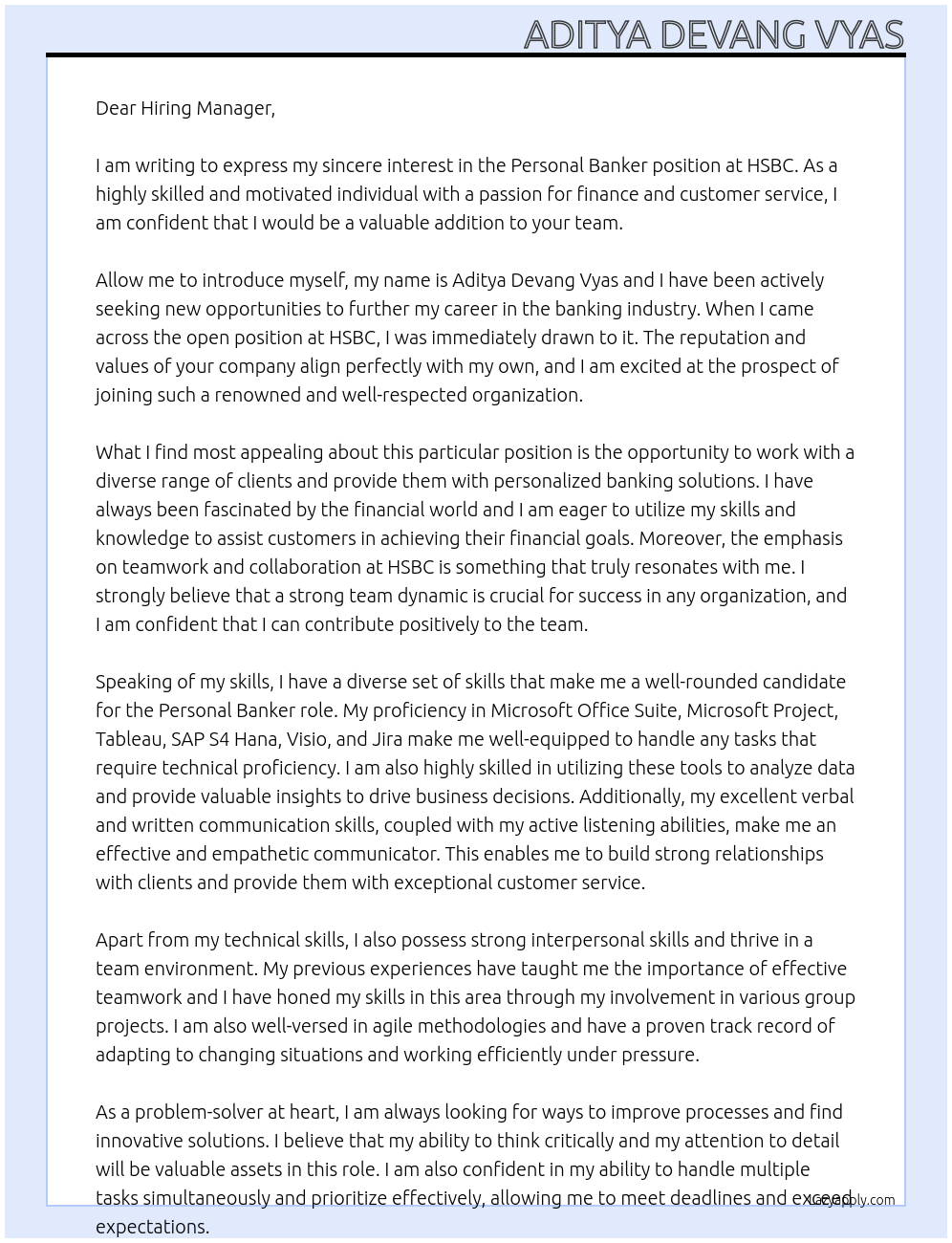 Personal Banker At HSBC Cover Letter