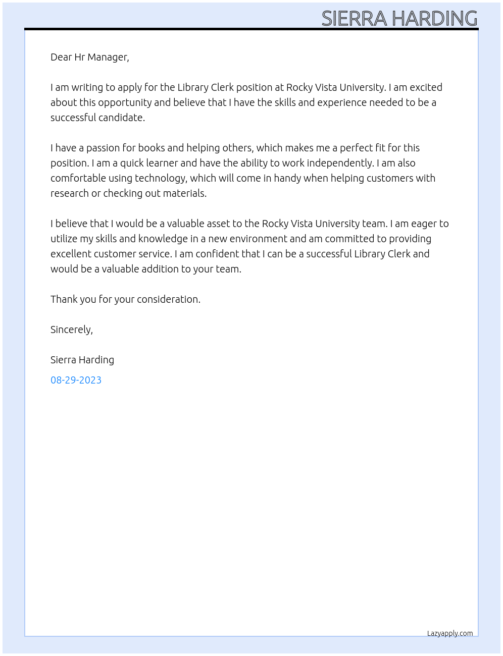 Library Clerk At Rocky Vista University Cover Letter