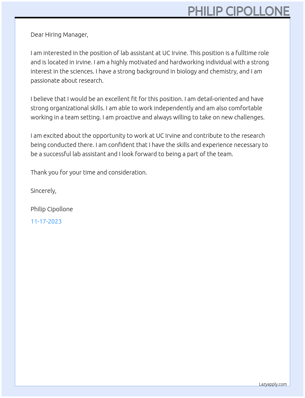 lab assistant At UC Irvine Cover Letter