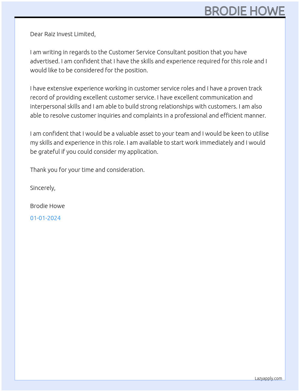 Customer Service Consultant At Raiz Invest Limited  Cover Letter