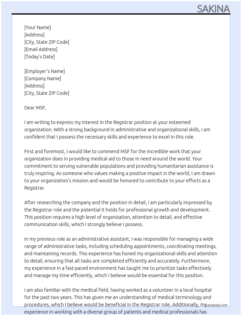 Registrar At MSF Cover Letter